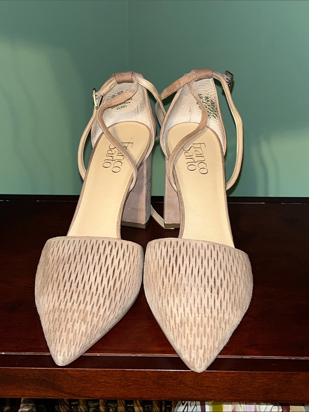 Franco Sarto Perry Perforated Suede Block Heel Pumps - Taupe / Blush, Size 10
